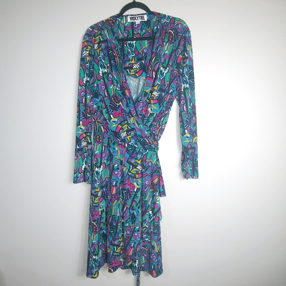 XL Vicky Tiel Abstract Print Multicolor Wrap Dress